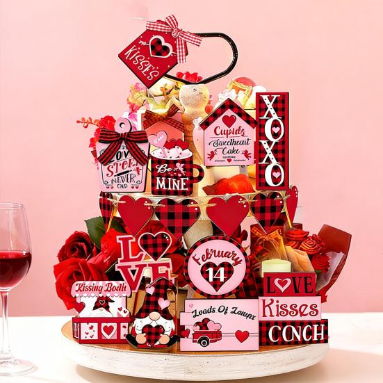 17Pcs/Set Valentine's Day Tiered Tray Decoration Love Heart Gnome Wooden Table Sign Rustic Farmhouse Desktop Layered