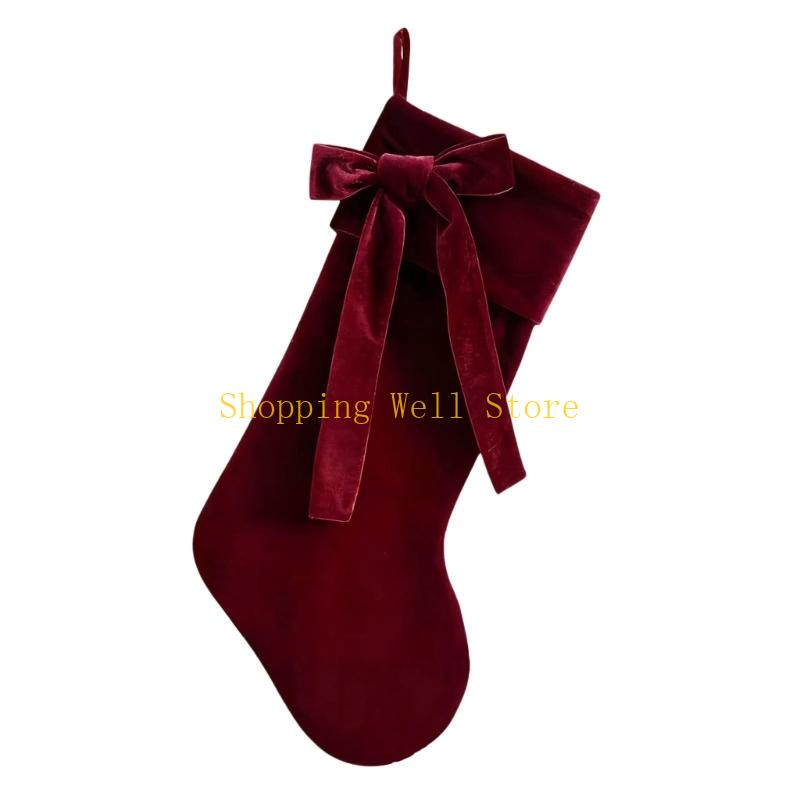 

KX4B 20 Inch Christmas Stocking with Large Decorative Bow Luxury Stocking for Firepitscreen Mantel, Elegant Holiday Decor червоний