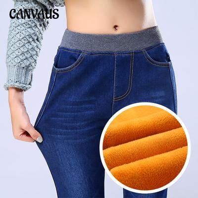 Høst og vinter Damebukser Plus Size Polstrede jeans Fortykket elastisk midje Elastiske Leggings Blyantbukser Denim Jeans