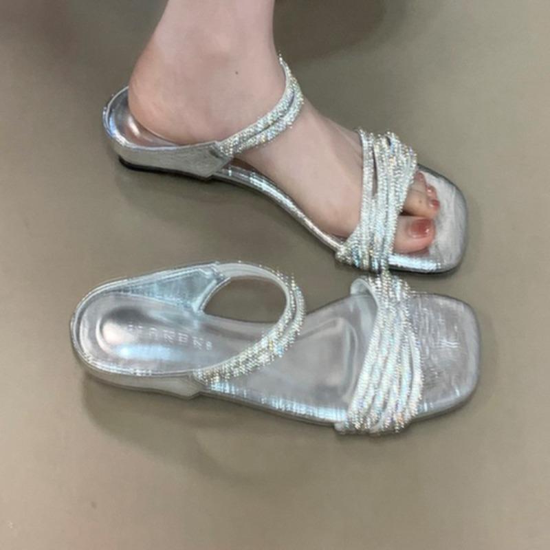 

Fashion Summer Crystal Women Slippers Flats Shoes 2025 New Slingback Sandals Designer Luxury Flip Flops Fashion Dress Zapatillas Mujer 39 серебряный