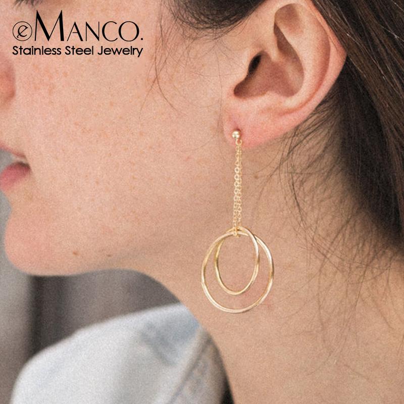 Emanco Women's Earrings Exaggerated Hollow-out Double Hoop Earrings Unique Stainless Steel Geometric Pendant Earrings