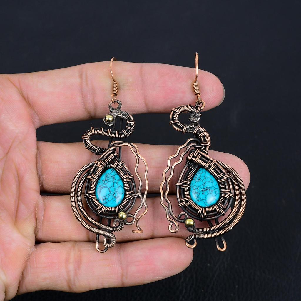 Tibetan Turquoise Earrings Gemstone Jewelry, 999 Copper Wire Wrapped Silver Handmade Earrings, Latest Design Jewelry