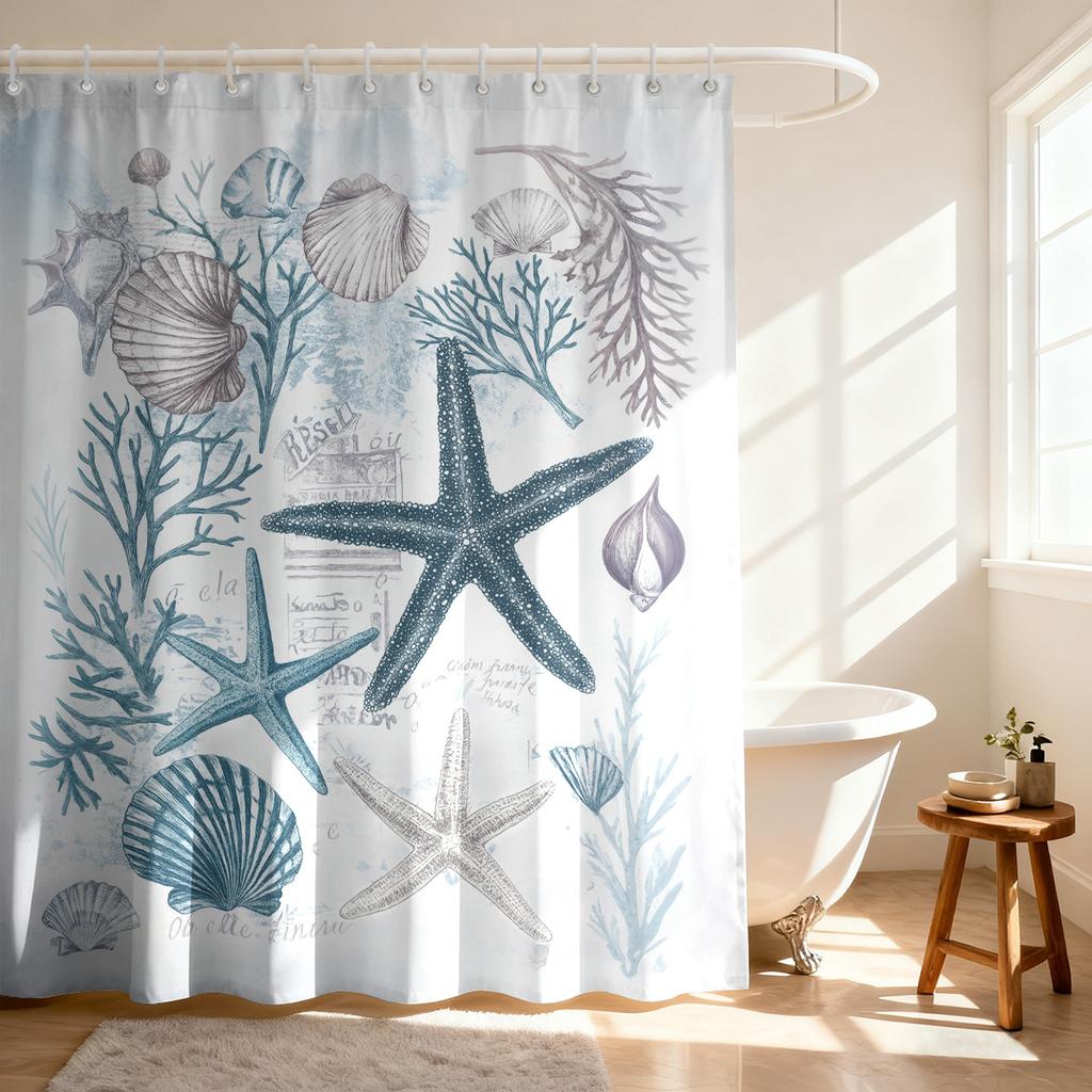 1Pc Cartoon Starfish Printed Waterproof Shower Curtain Partition Privacy Hanging Curtain With 12 Hooks In Various Sizes