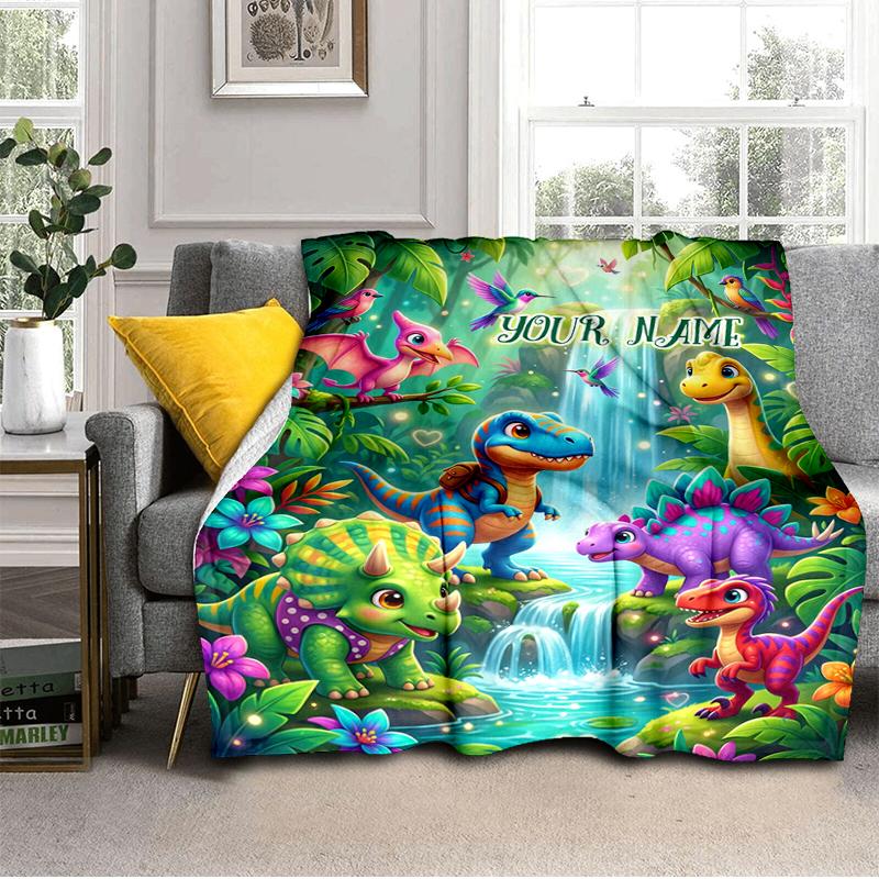 1PC Custom Name Dinosaur Fantasy World Blanket Versatile,all-season Throw Suitable for the Living Room,bedroom,camping,travel,and Gift