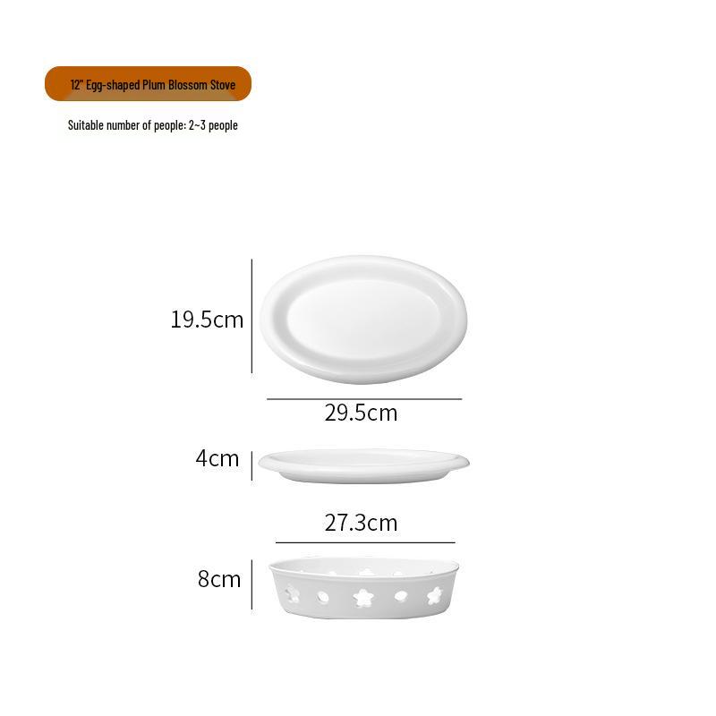 Ceramic Egg-Shaped Plum Blossom Grilled Fish and Warming Plate with White Round Heating Dry Pot Stove.