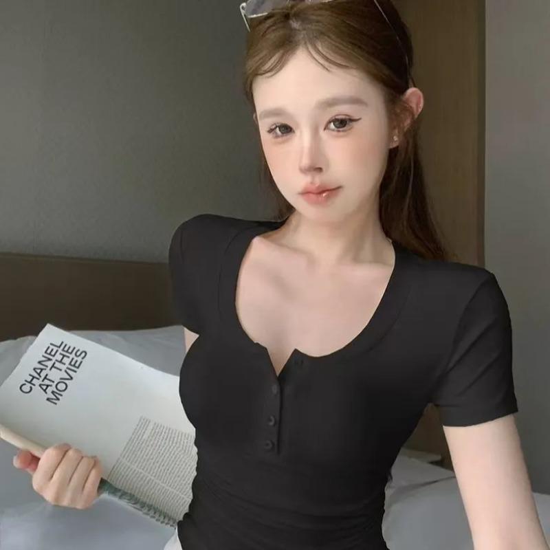 Cream Yellow Short-sleeved Right Shoulder T-shirt for Women Summer Pleated Slim Fit Hot Girl Tight Short Bottoming Shirt Top
