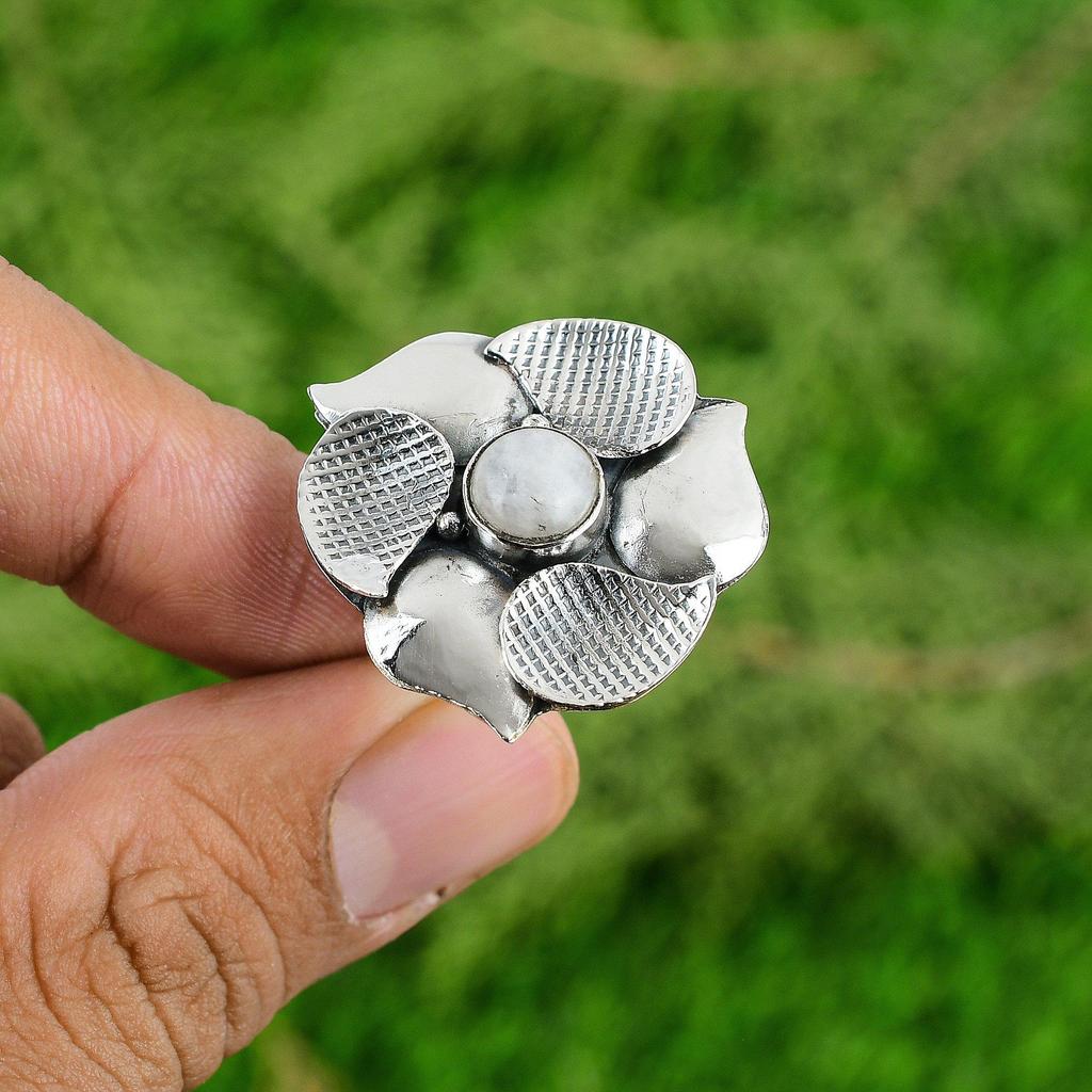 Natural Rainbow Moonstone 925 Silver Promise Flower Adjustable Ring For Women