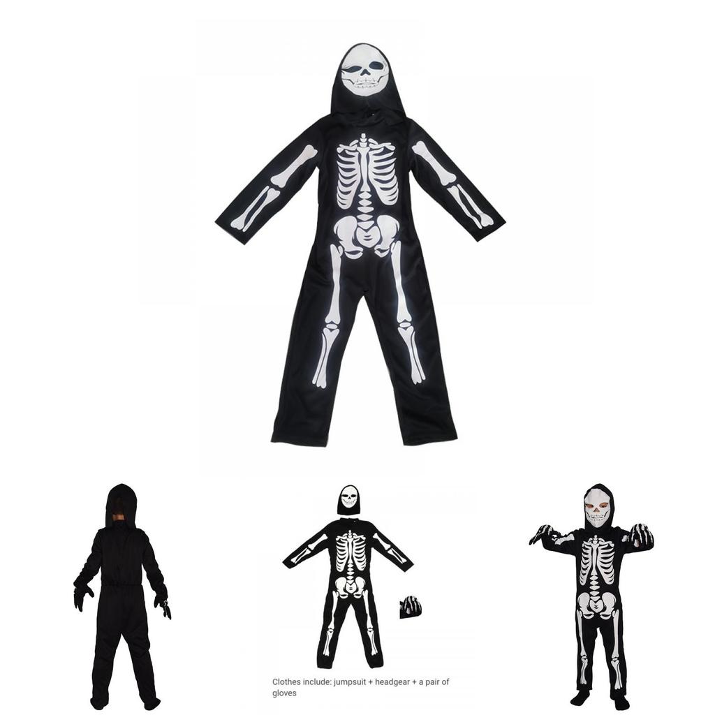 Kids' Skull Print Jumpsuit Halloween Costume Set For Role Play And Themed Party