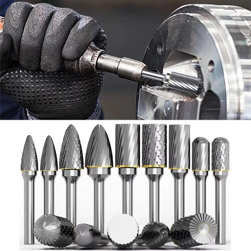 10pcs 1/8" Shank Tungsten Carbide Milling Cutter Rotary Tool Burr Diamond Cut Rotary Drill Bit for Metalworking Polishing Tools