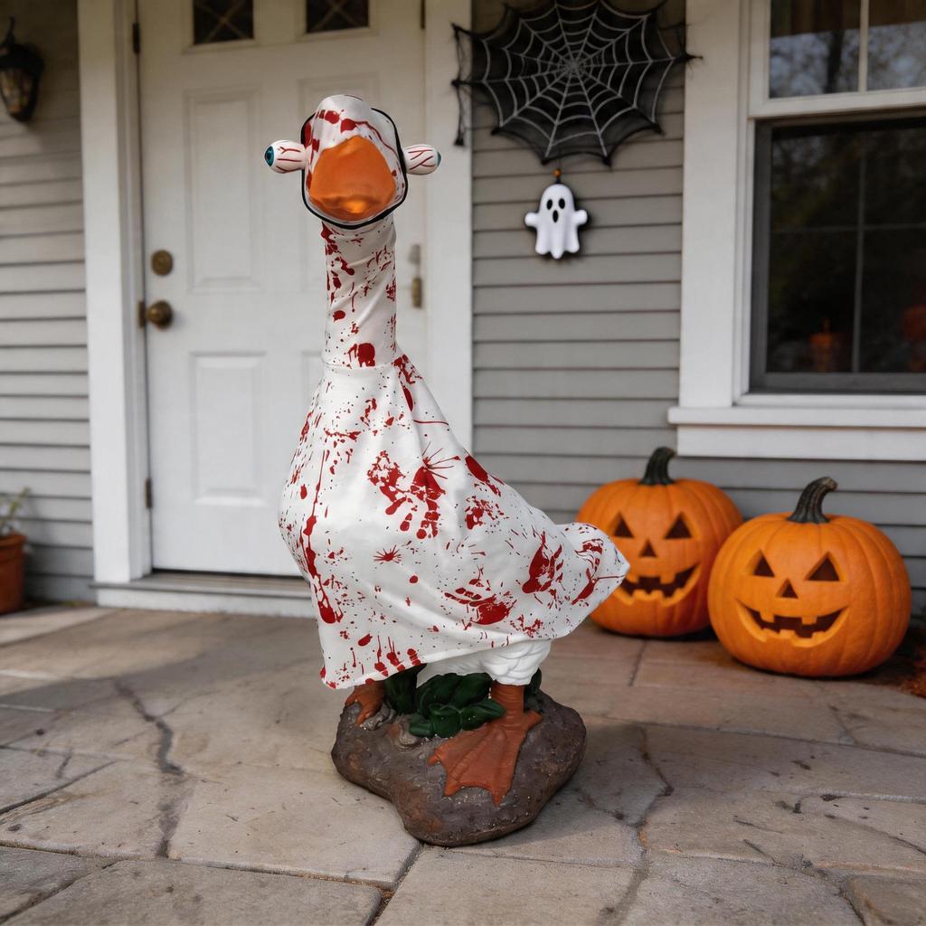 Halloween Bloody Porch Goose Costume with Terror Bloodstains and Handprint Ornaments for Outdoor Lawn and Haunted House