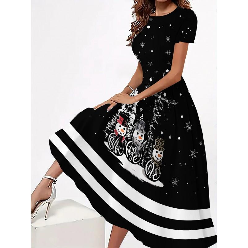 Womens Loose Fit Cotton Print Short Sleeve Round Neck Midi Dress Casual Wear