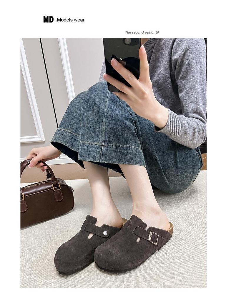 Boken 2024 Autumn Women's Genuine Leather Cork Mule Slippers: Closed-Toe Cow Suede, Flat Bottom, Outdoor Wear.