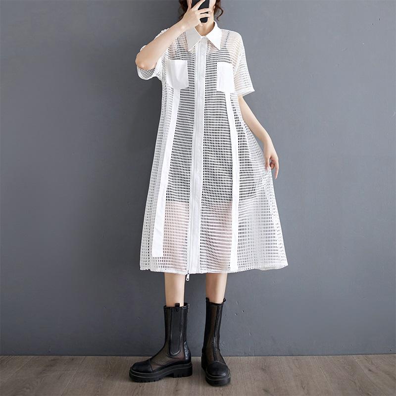 Short Sleeve Plus Size Mesh Perspective New In Dresses for Women Casual Loose Midi Summer Shirt Dress
