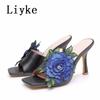 Fashion Liyke Fashion Design Embroidery Flower Women's Thin High Heels Slippers Sandals Street Sexy Square Toe Summer Party Dress Shoes