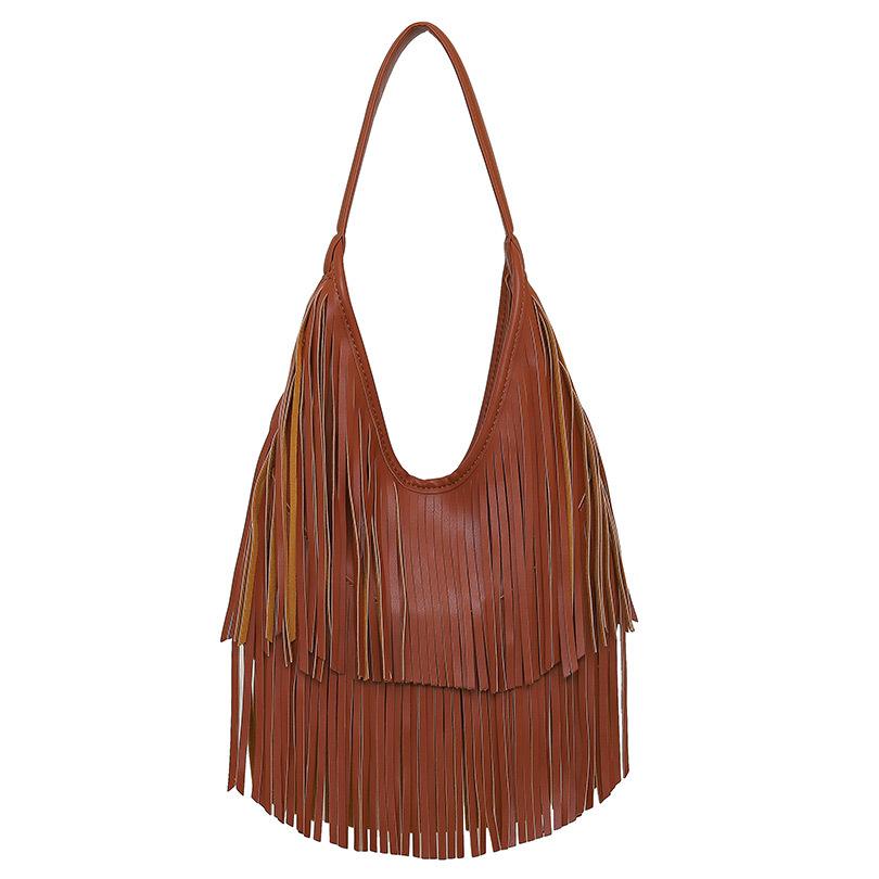 

Long Tassels Women handbag Fashion Shoulder Bags for ladies hand bag Soft PU leather casual hobos armpit bag female Tote коричневий
