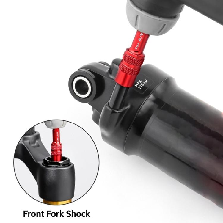 Metal Bike Suspension Inflation Adapter for Air Fork and Rear Shock Pressure Work, Stored with Cycle Repair Gear