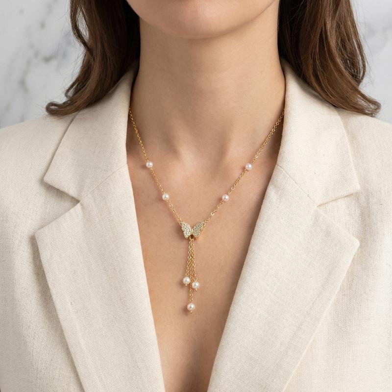 Shiny Pearl Butterfly Necklace Crystal Pendant Collar Chain Necklace Ladies Wedding Party Jewelry Gift