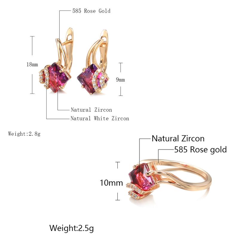 Set di Orecchini Anello Quadrati Rossi in Zircone Naturale Set di Gioielli da Matrimonio alla Moda Orecchini Pendenti in Oro Rosa per Donne