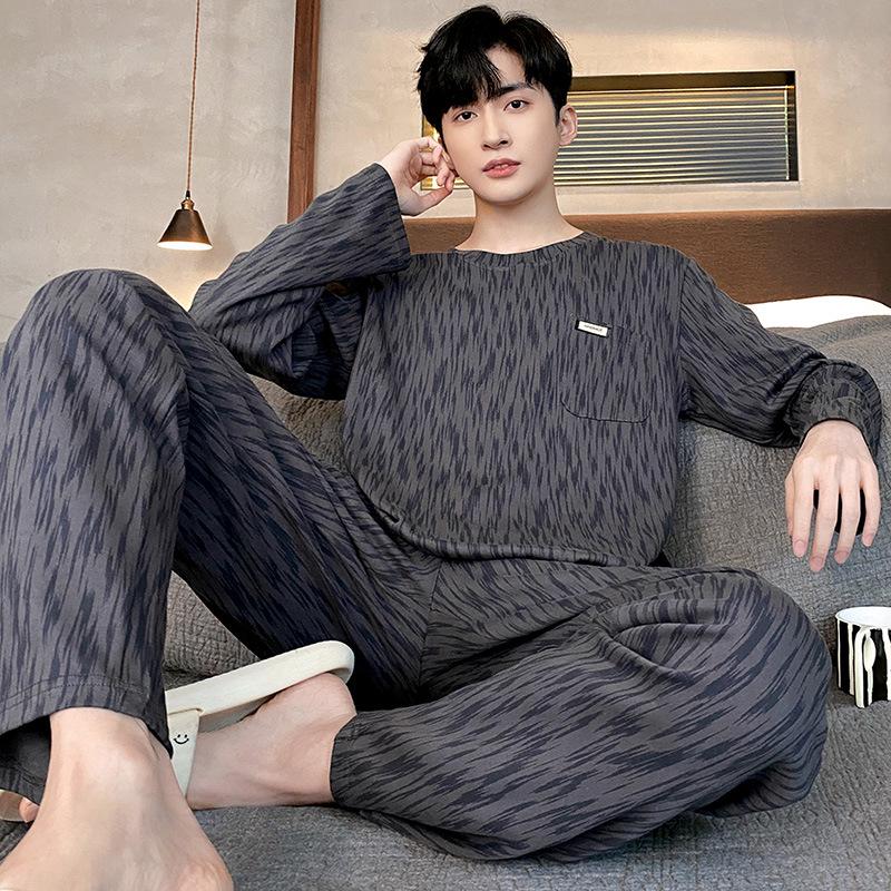 Men's Spring/Autumn Long Sleeve Cotton-Look Pajama Set - Youth Style, Casual Homewear, Plus Size.