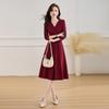 Elegant V-neck Solid Color Midi Dress with Long Sleeves - Spring 2025