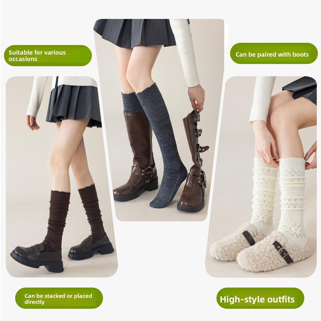 Short Leg Stockings - Autumn/Winter Style with Openwork Lace and Solid Color. Long Stockings for Girls and Women. Trendy Pile-style Stockings.