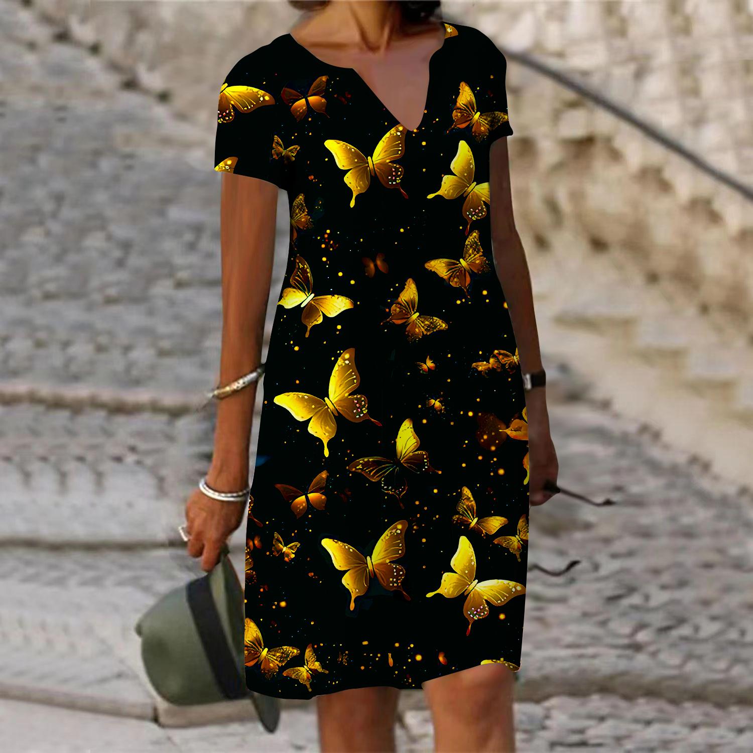 

Летнее модное платье с v-образным вырезом, женское платье с коротким рукавом, золотое платье с принтом летающих бабочек, свободное повседневное платье для женщин 8XL золотой