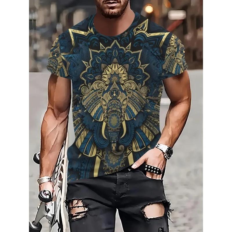 Men's colorful ethnic printed T-shirt, retro elephant 3D printed T-shirt, summer street round neck loose short sleeved T-shirt