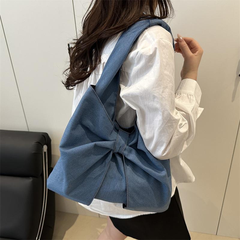 Sweet Bowknot Design Women's Denim Shoulder Bags Commuter Thread Ladies Handbags Casual Lightweight Female Underarm Tote Bag