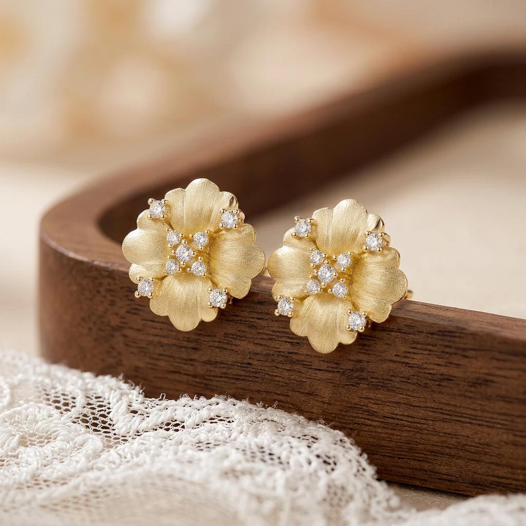 S925 Sterling Silver Flower Moissanite Stud Earrings 14K Gold Plated Brushed Finish Fine Earrings Jewelry for Women
