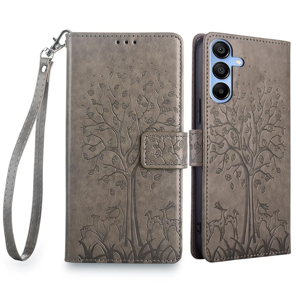 For Samsung Galaxy A15 4G/A15 5G Magnetic Case Imprinted Deer Tree Pattern Cover with Hand Strap
