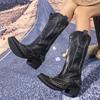 American Style Embroidered Western Square Toe Chunky Heel Cowboy Boots, US Size 34-46, Mid-Calf Pull-On