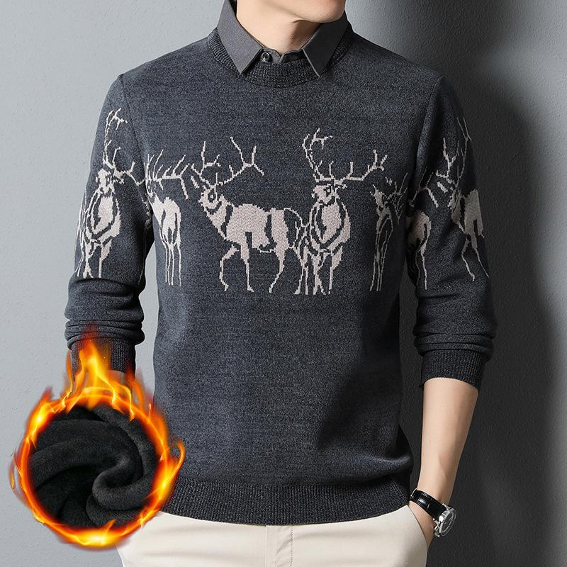 Winter Deer Jacquard Fake Two-Piece Sweater Integrated Fleece Men'S Shirt Collar Bottoming Knitted Sweater