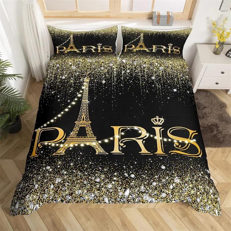 Eiffel Tower Duvet Cover Set Single Twin King For Kids Girl Teen Room Paris Bedding Set Microfiber Gradient Diamond Quilt Cover