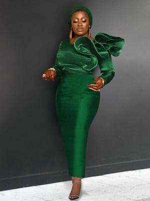 Vestidos longos de festa verde com babados, cintura alta, pacote de quadril, tamanho grande, coquetel, noite, robe de natal para mulheres