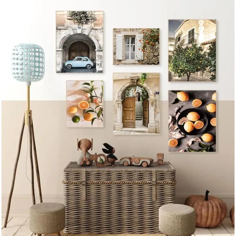 Nordic Europe Town Casual Landscape Canvas Picture House Beach Courtyard Sunlight Car Poster Lemon Bohemian Living Room Painting