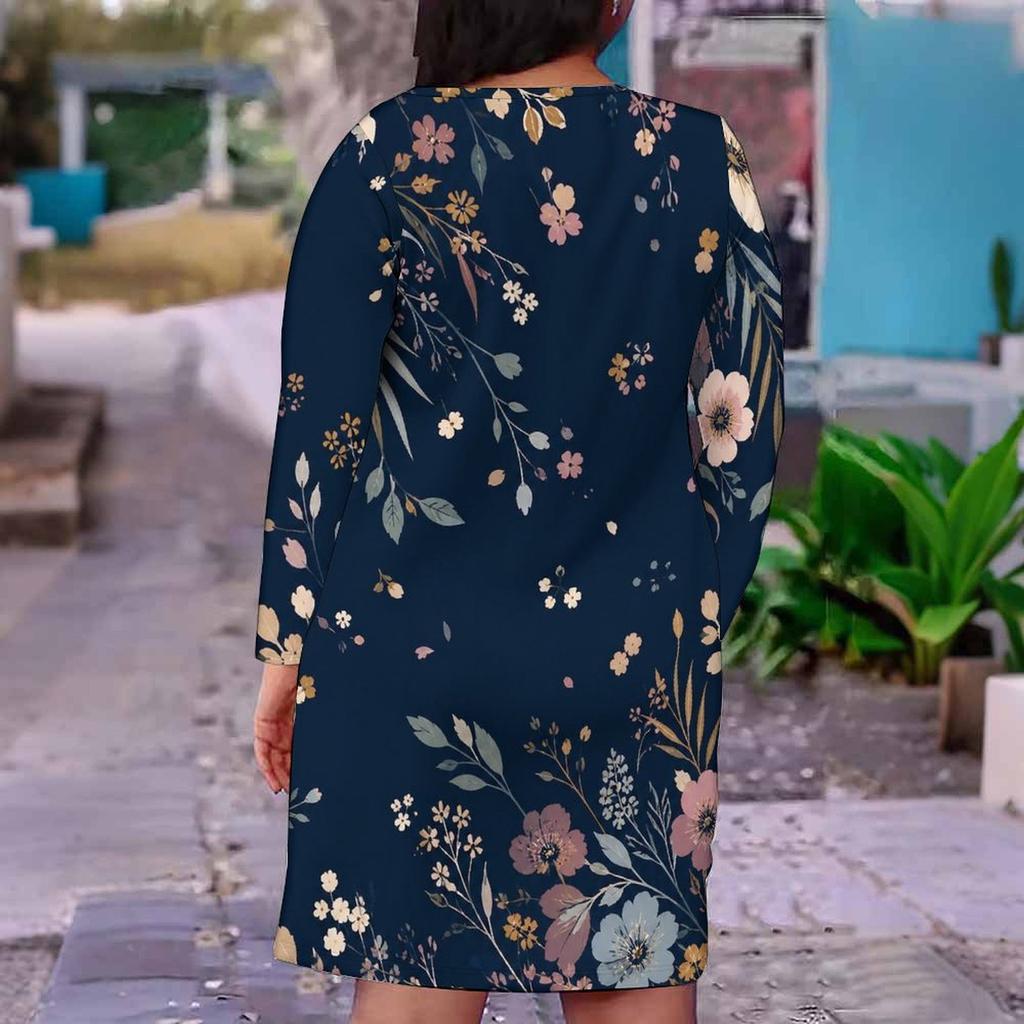 Women Plus Size V Neck Long Sleeve Floral Printed Dark Green Fitted Dress