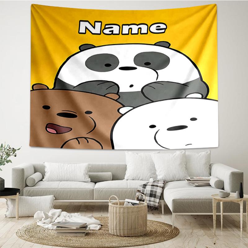 Custom Name We Bare Bears Print Tapestry, Backdrop, Easy Setup, Ideal for Bedroom, Office & Living Room, with Aesthetic Wall Hanging Decor.