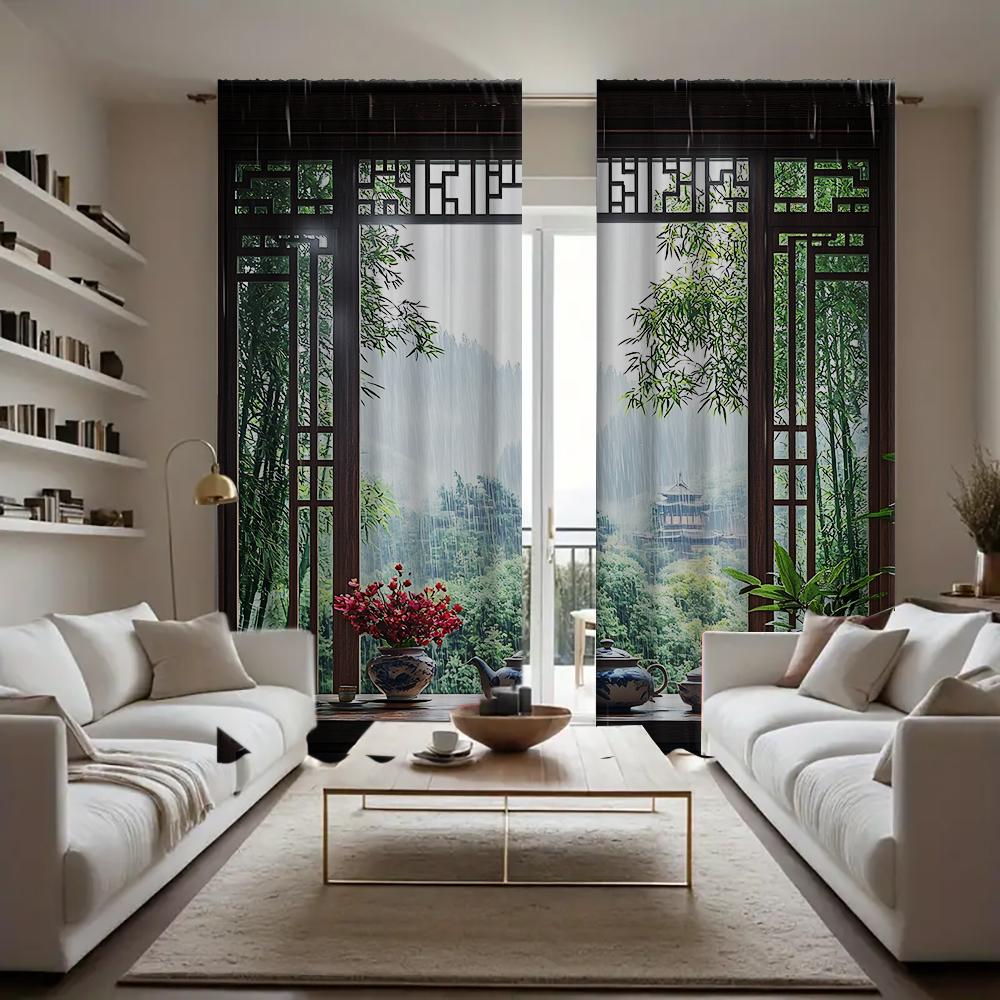 2PC Home View outside the window Curtains With Landscape Background And Pole Pocket Curtains, Kitchen, Coffee Shop, Living Room