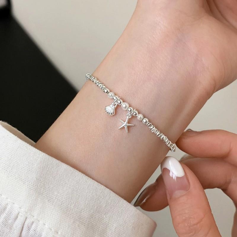 Sterling Freshwater Pearl Bracelet With Starfish Shell Charm Minimalist Layering Jewelry Women
