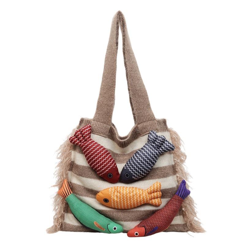 Cute Little Fish Knitted Tote Bag Summer Breathable Lightweight Versatile Commuter Shoulder Bag for Family Weekend Trips