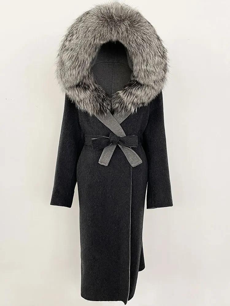 OFTBUY Winter Women Coat Real Natural Fox Fur Hooded Detachable Collar Double-faced Woolen Jacket Long Casual Elegant Overwears