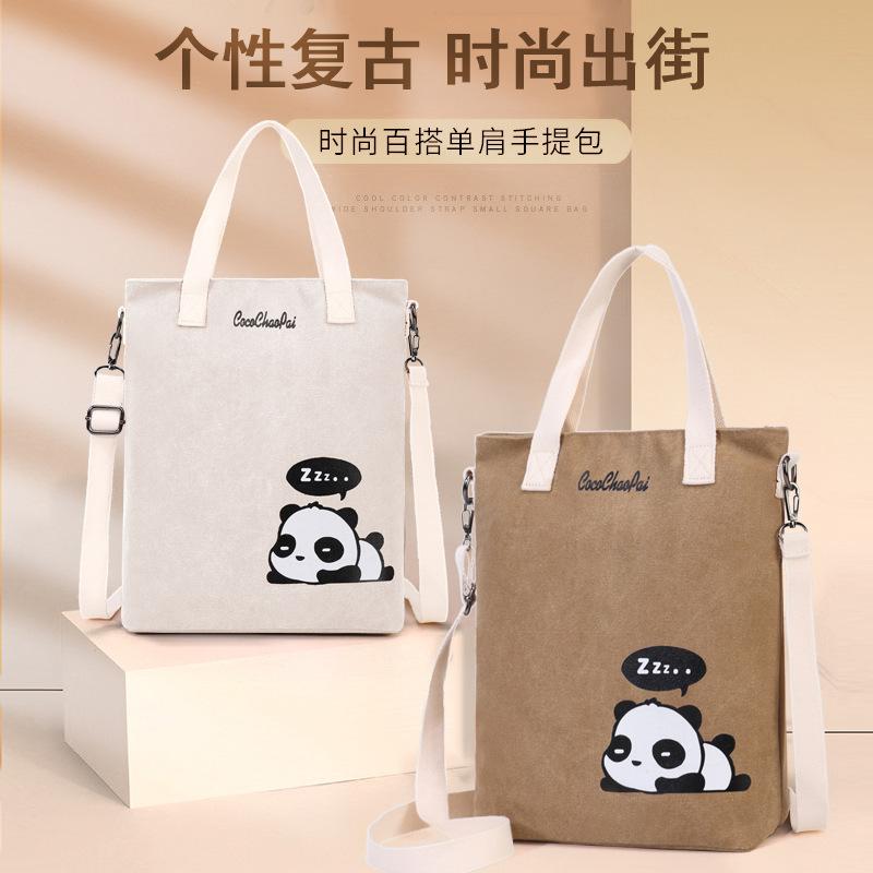 Tote bag Large capacity messenger bag Women's 2025 new panda printed canvas bag One shoulder messenger bag Tide