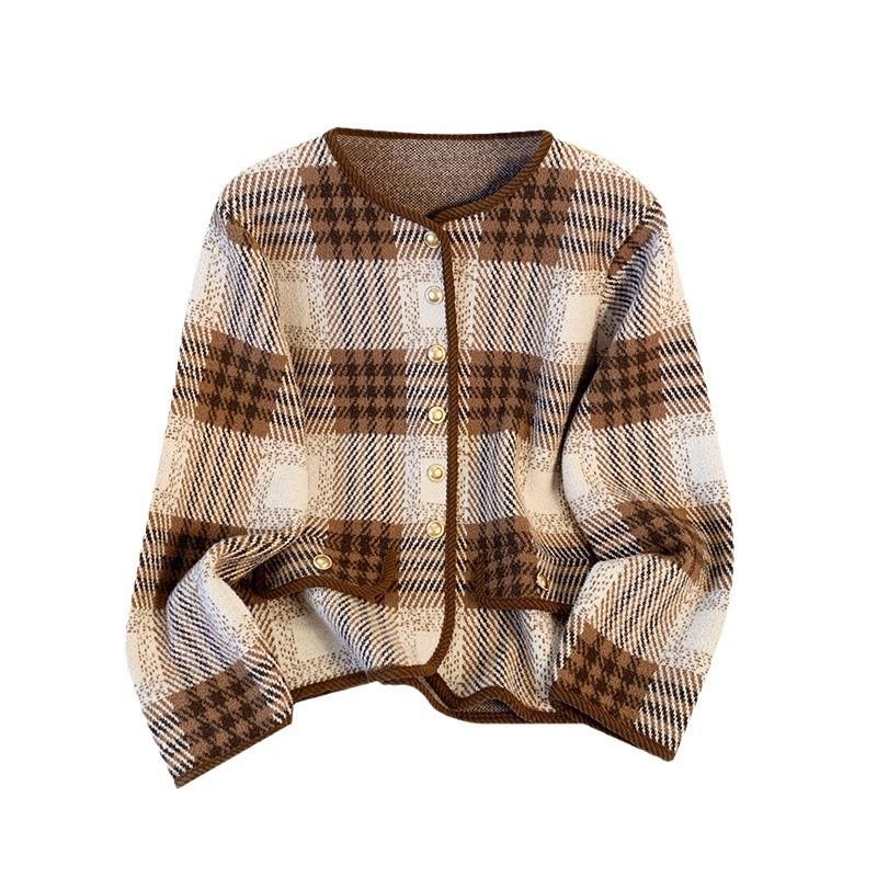 Xiaoxiang Style Plaid Woolen Coat for Women Autumn and Winter New Style Retro Contrast Color Foreign Style Small Knitted Cardigan