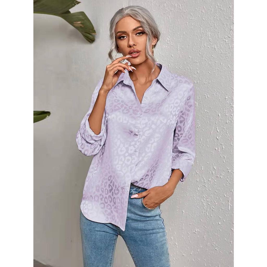 Women's Long Sleeve Lapel Button-up Leopard Jacquard Blouse Elegant Commute Shirt for Leisure