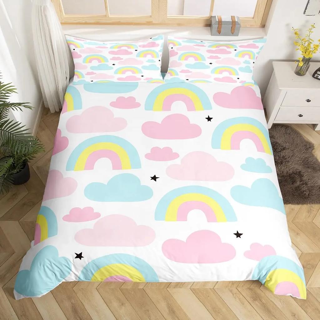 Cartoon Rainbow Sun Bedding Set For Girls Kids Bedroom Decor Comforter Cover Kawaii Art Duvet Cover Polyester Comforter Cover