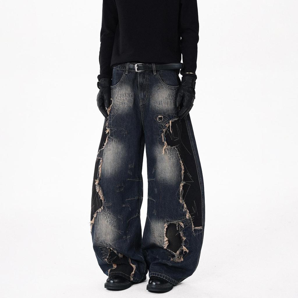 Pantaloni Larghi Unisex Patchwork High Street Orlo Grezzo Gamba Curva