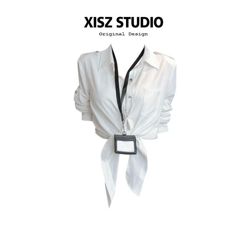

This White Shirt with Shoulder Straps, Lapel, and Tie Is Unique and Super Flattering for Early Autumn, Making You Look Slim. Long-Sleeved Trendy Top White [High Quality] S