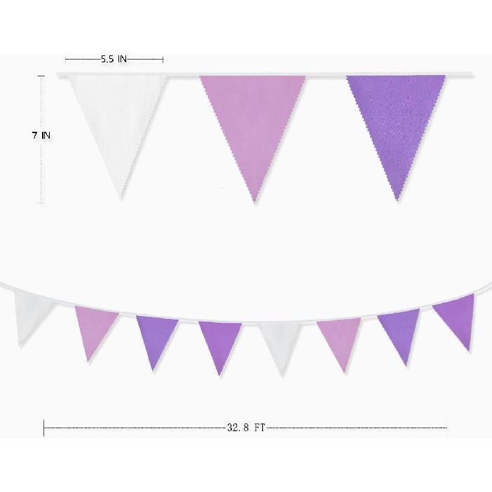 10M/32Ft Purple and White Pennant Banner Fabric Triangle Flag Cotton Cloth Bunting Garland Kit for Wedding Birthday Lavender Party Home Nursery