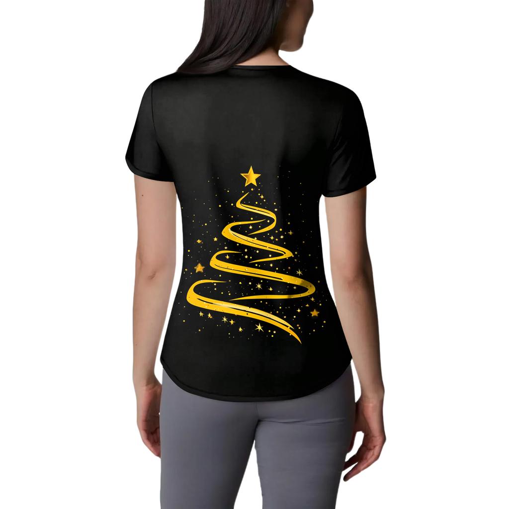 Women's V-neck Christmas Print Short-sleeved Pocket Side Slit Uniform Top