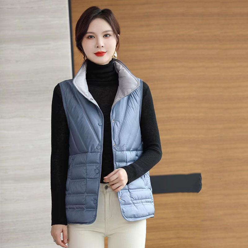 Women Light Weight Thermal Seamlessly Sleeveless Stand Collar White Duck Down Jacket All Match Reversible Chic Vest